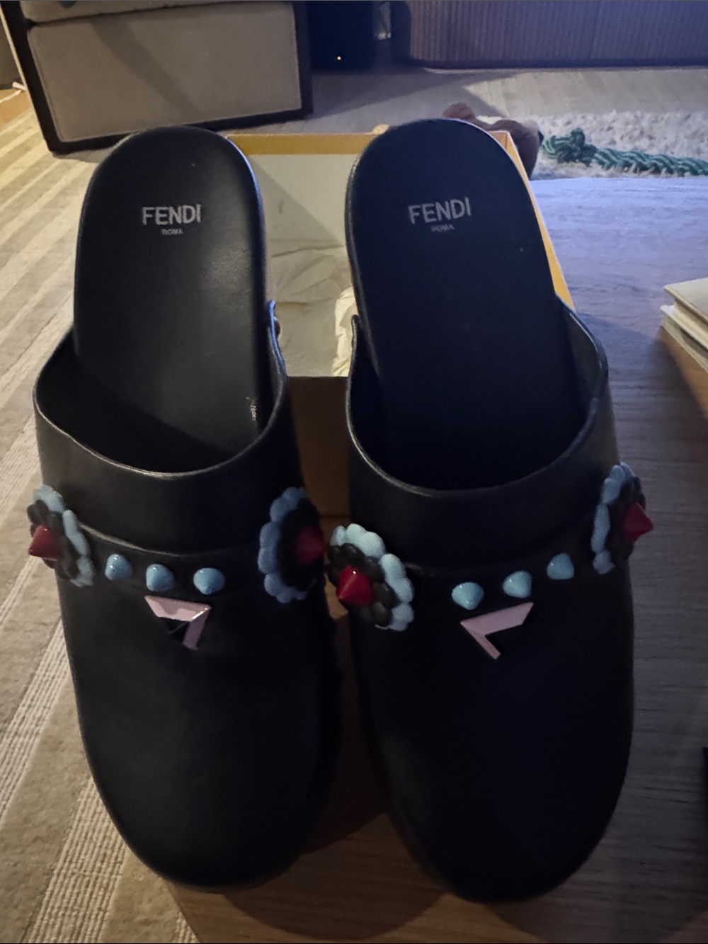 Fendi Black Leather Clogs with Colorful Stud Flower Accents 39